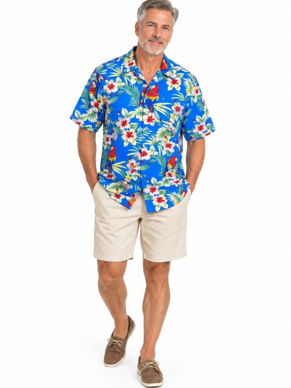 Rima Mens XL Hawaiian Aloha Shirt Blue Parrot Hibiscus Tropical Button Up